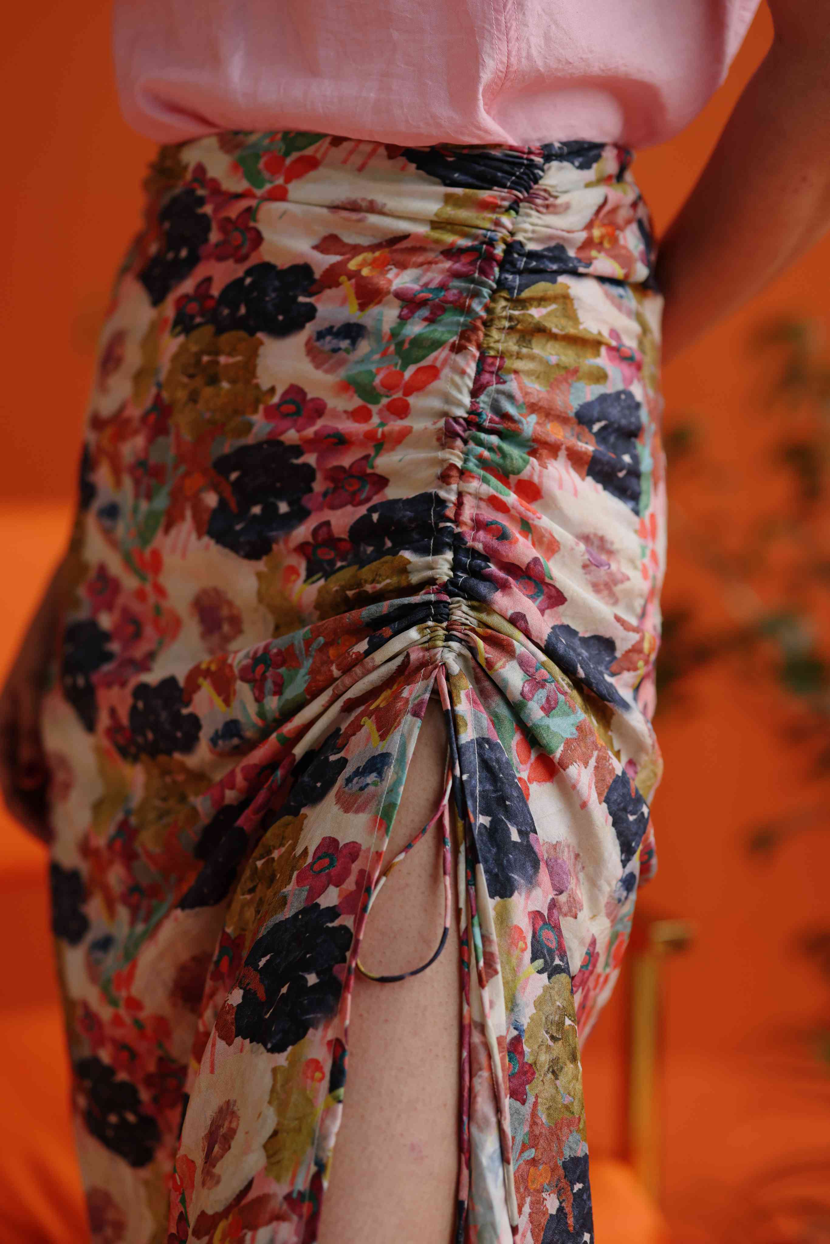 Ruched high slit A-line midi skirt - handwoven single-origin silk - floral - zoom