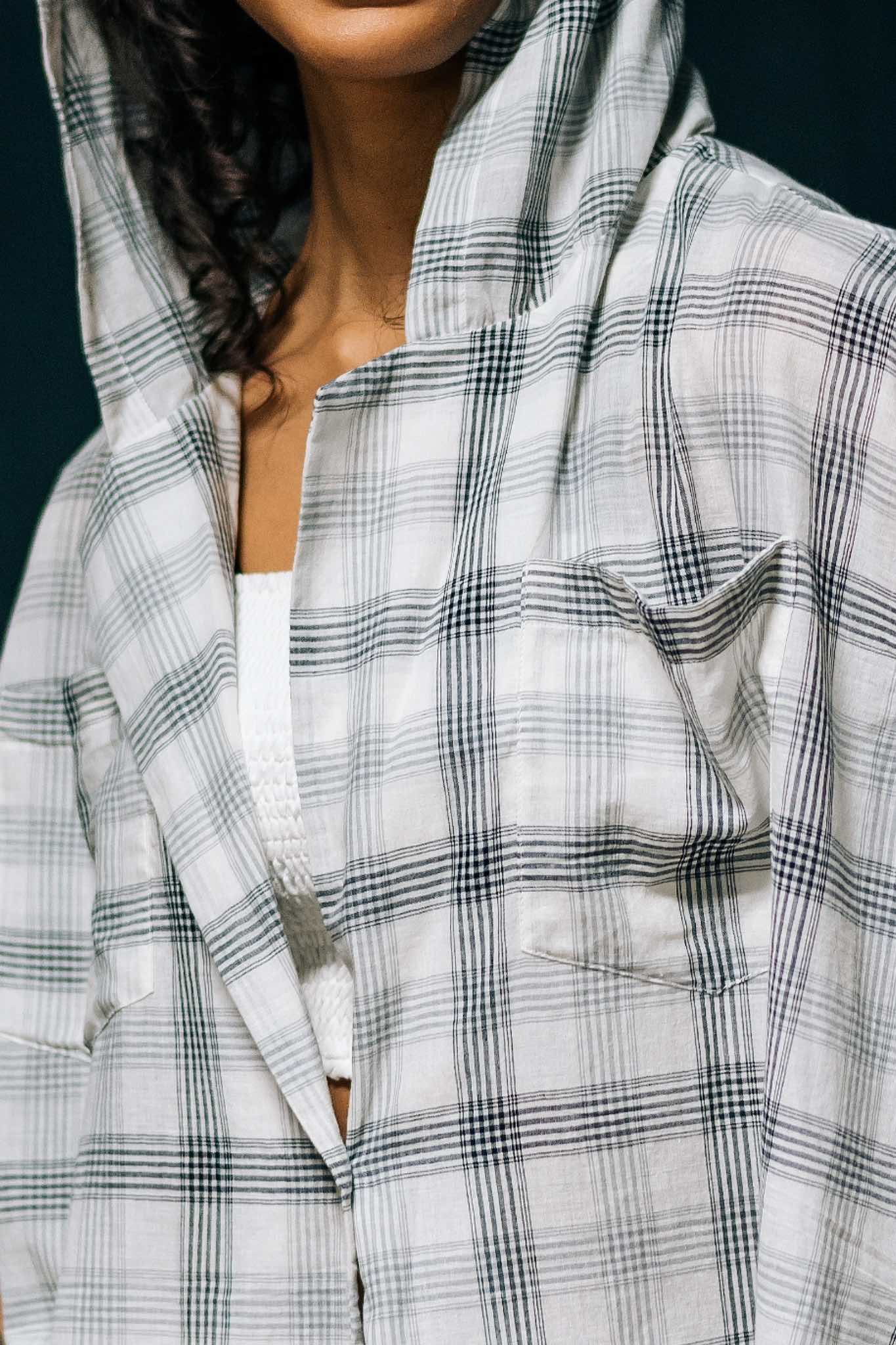 Labanya Long Sleeveless Hoodie made from soft Grey Check muslin - Detail