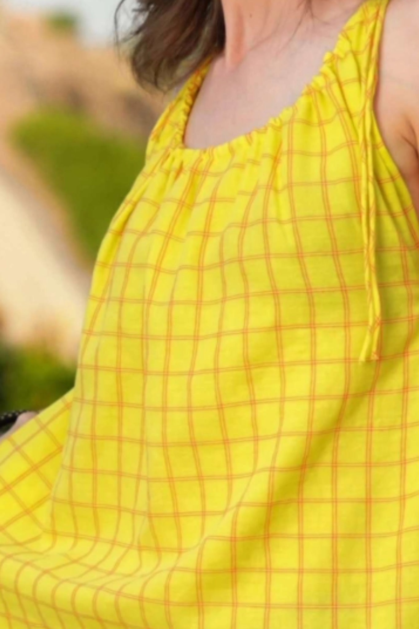 Roma Spaghetti Strap Sun Dress, Checked Lime Yellow w/ Jamdani motif - Detail