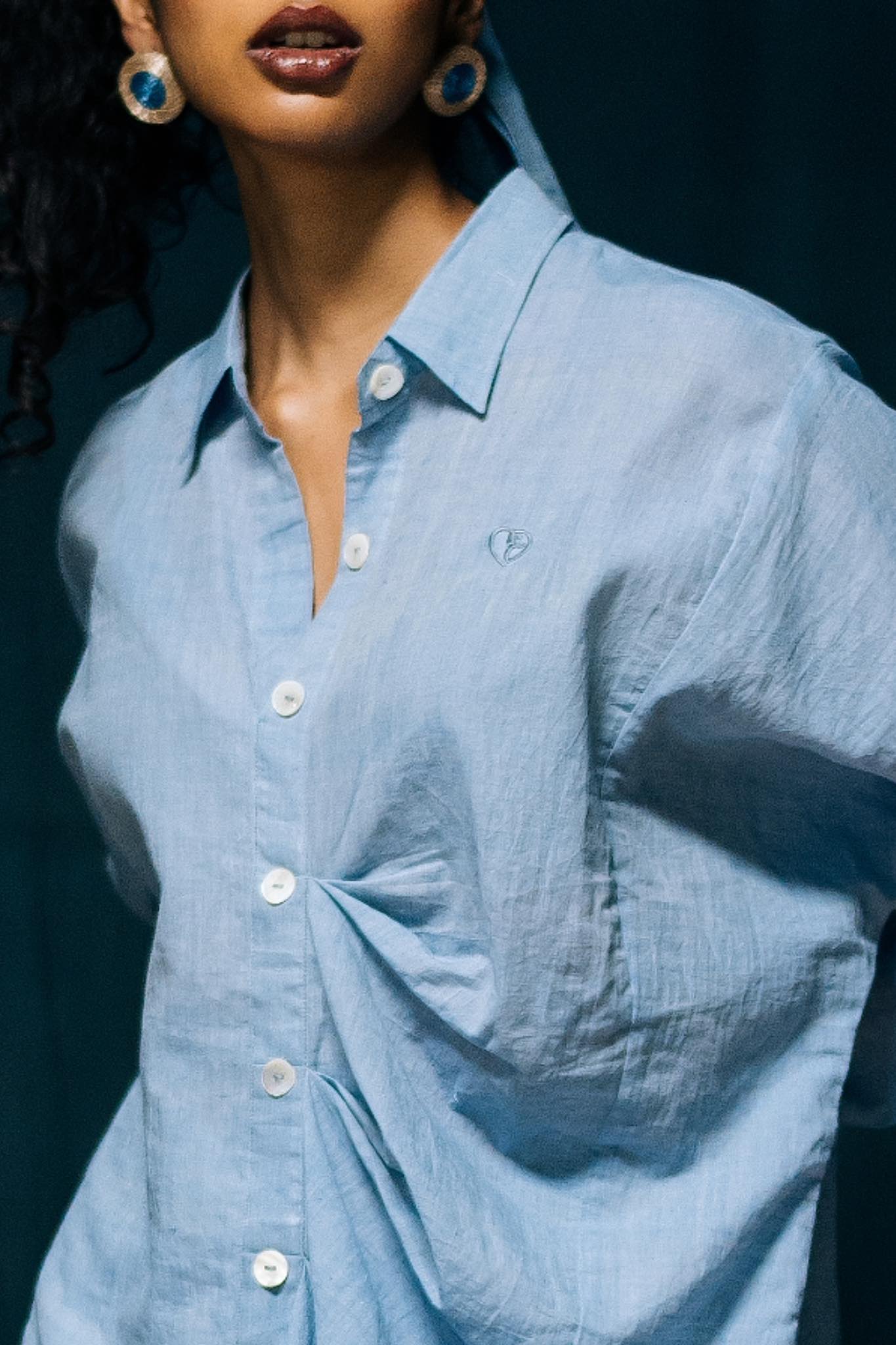 Anila Asymmetric Blue Chambray Shirt, made from Muslin - Detail