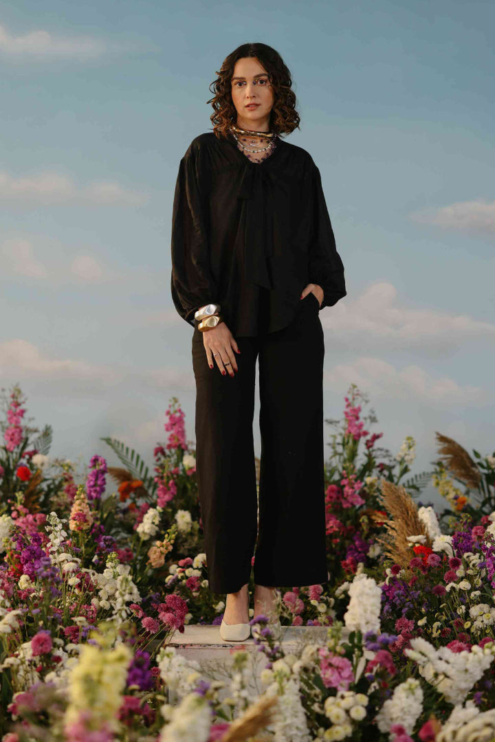 Jasmine peasant style gathered top - handwoven silk-cotton - black - creative 