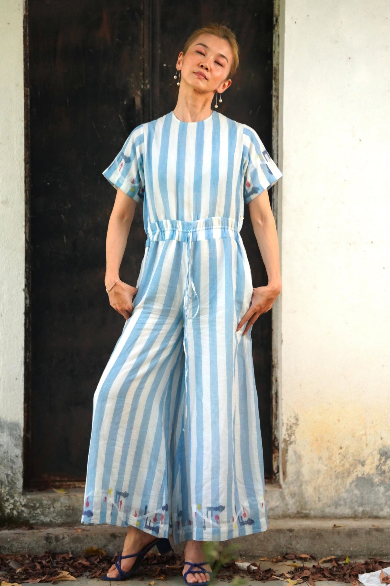New York Blue and white striped jumpsuit , Jamdani, Drawstring waist - Full