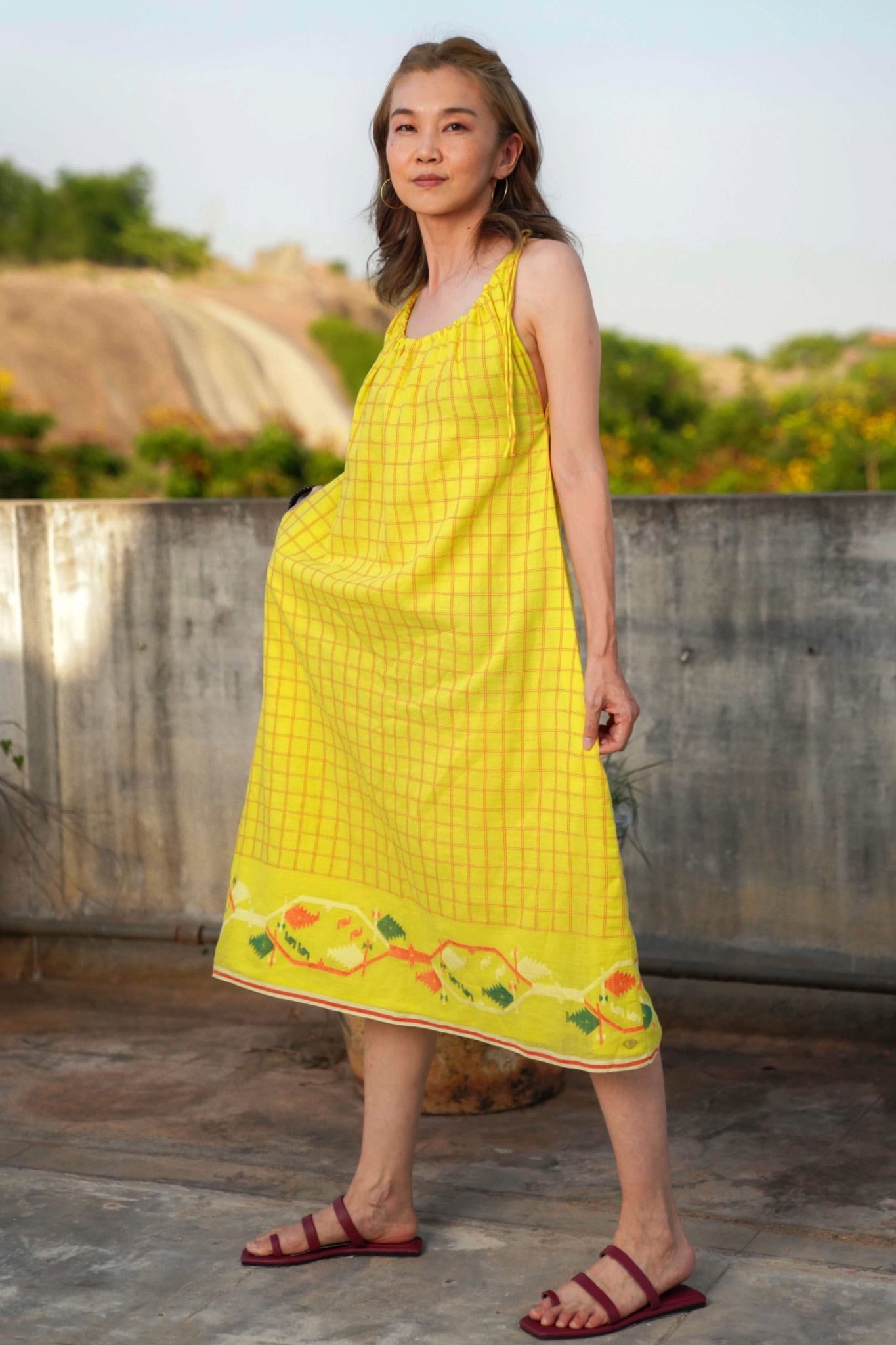 Roma Spaghetti Strap Sun Dress, Checked Lime Yellow w/ Jamdani motif - Full