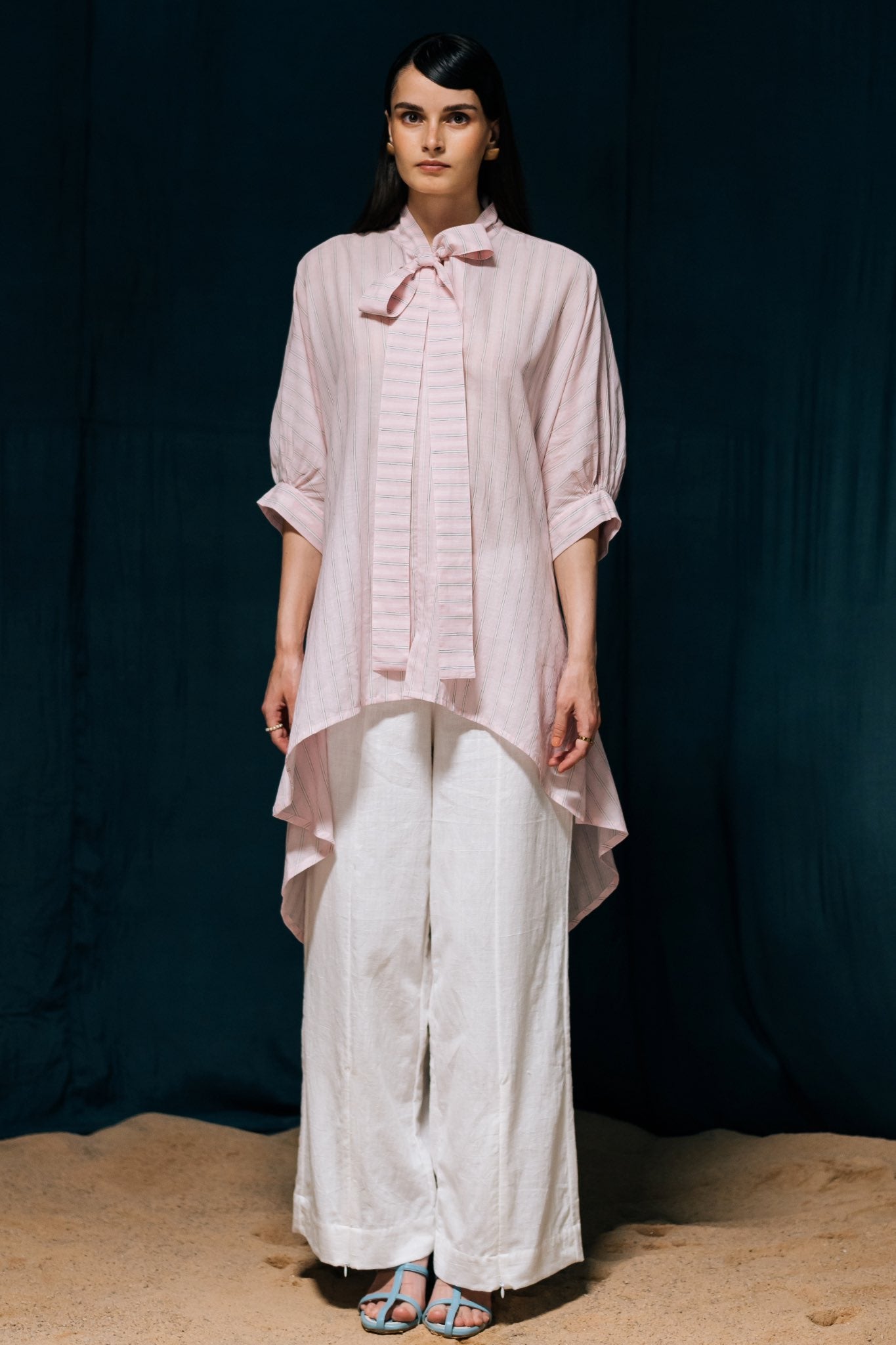 Suman Pink Tunic Shirt, Short front & Long back with cuffs and a bow - Full
