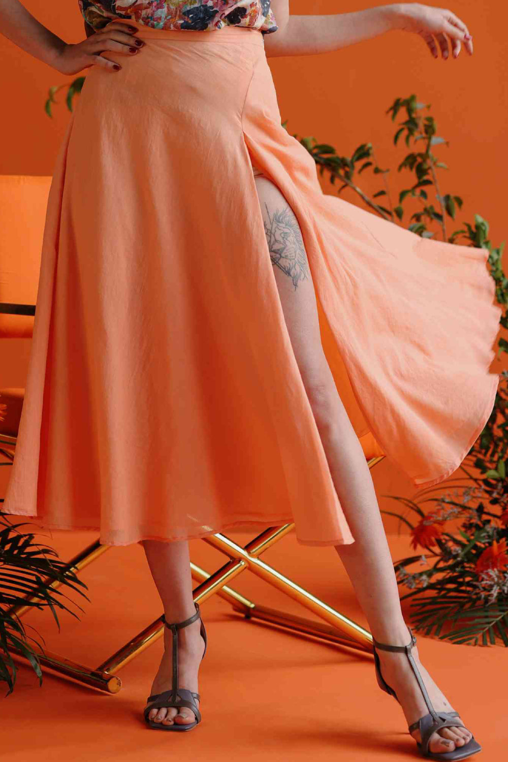 Swallowtail - Peach High Slit A line skirt