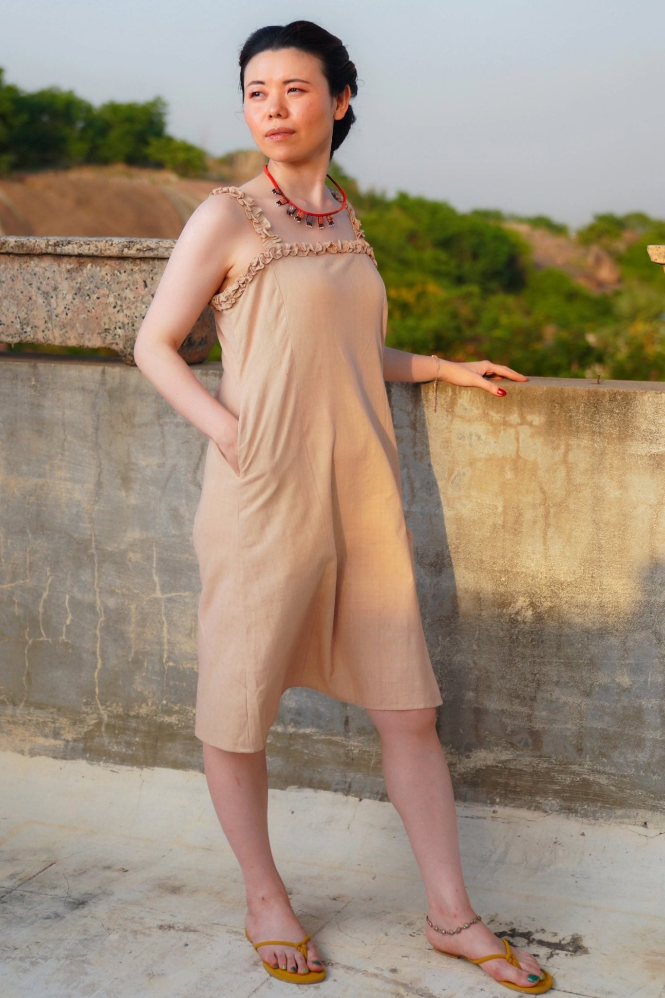 Vienna Strap summer dress from Cappuccino khadi with slit - Full