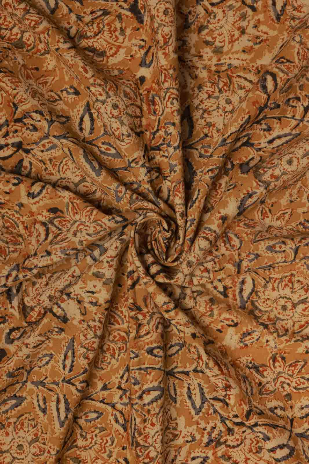 Hand Block Printed Floral Fabric in Mustard