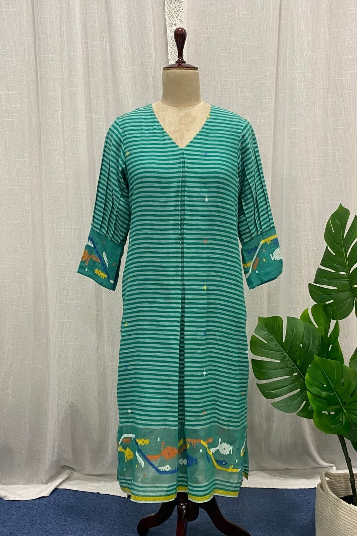 Green Striped Muslin Jamdani Dress