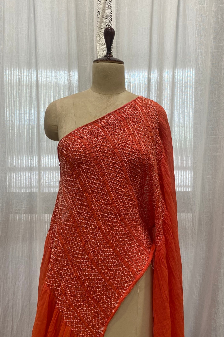 Peach Pink Smocking Muslin Saree with Pink Border