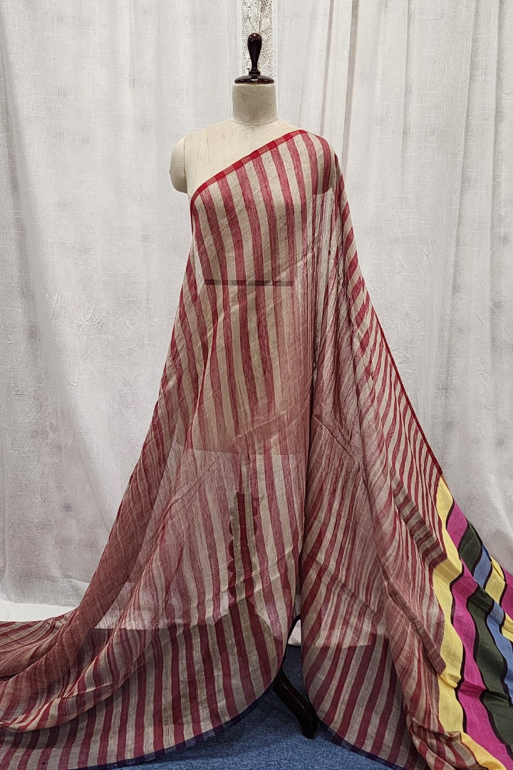 Maroon Striped Silk-Cotton-Linen Saree
