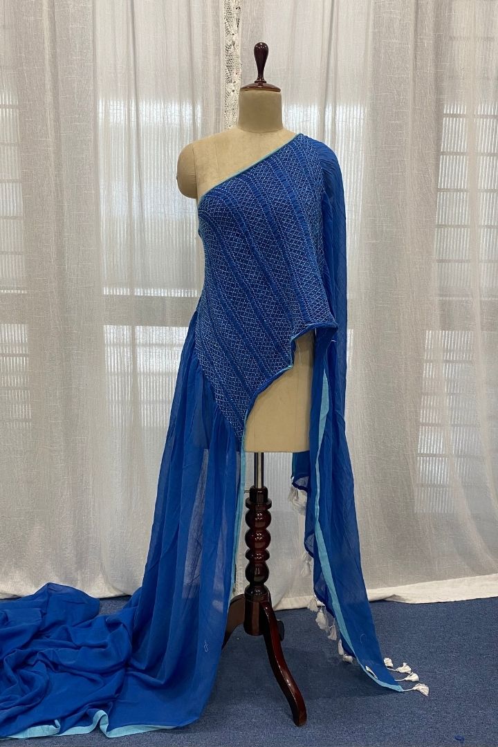 Navy Blue Smocking Muslin Saree with Sky Blue Border