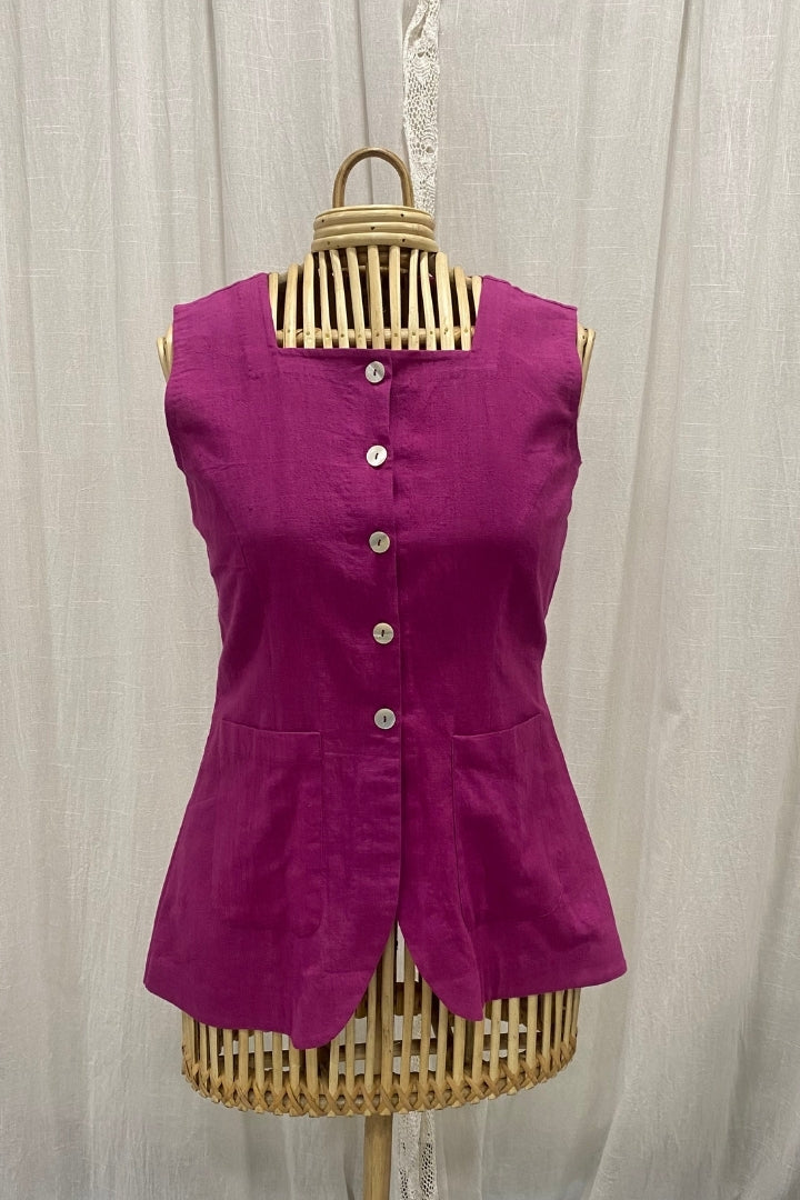 Magenta Pink Handspun Khadi Sleeveless Long Coat