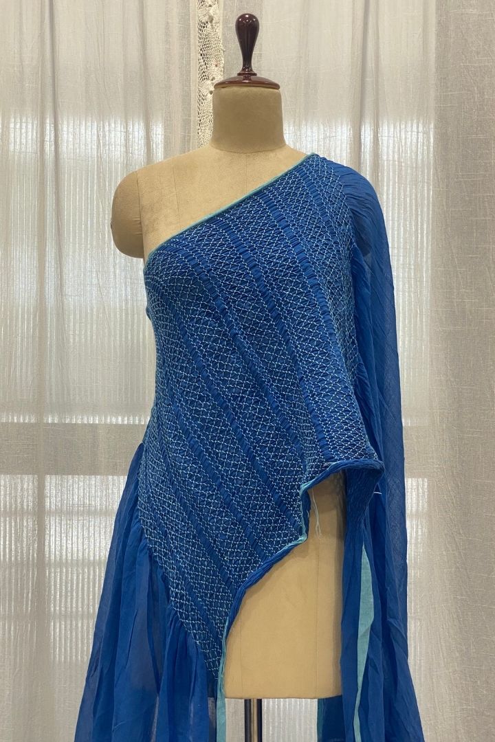 Navy Blue Smocking Muslin Saree with Sky Blue Border