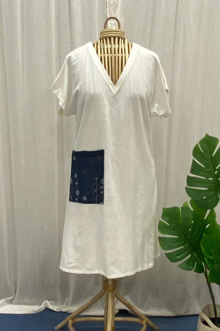 White Handspun Khadi Dress with Contrast Blue Jamdani Pocket Detail