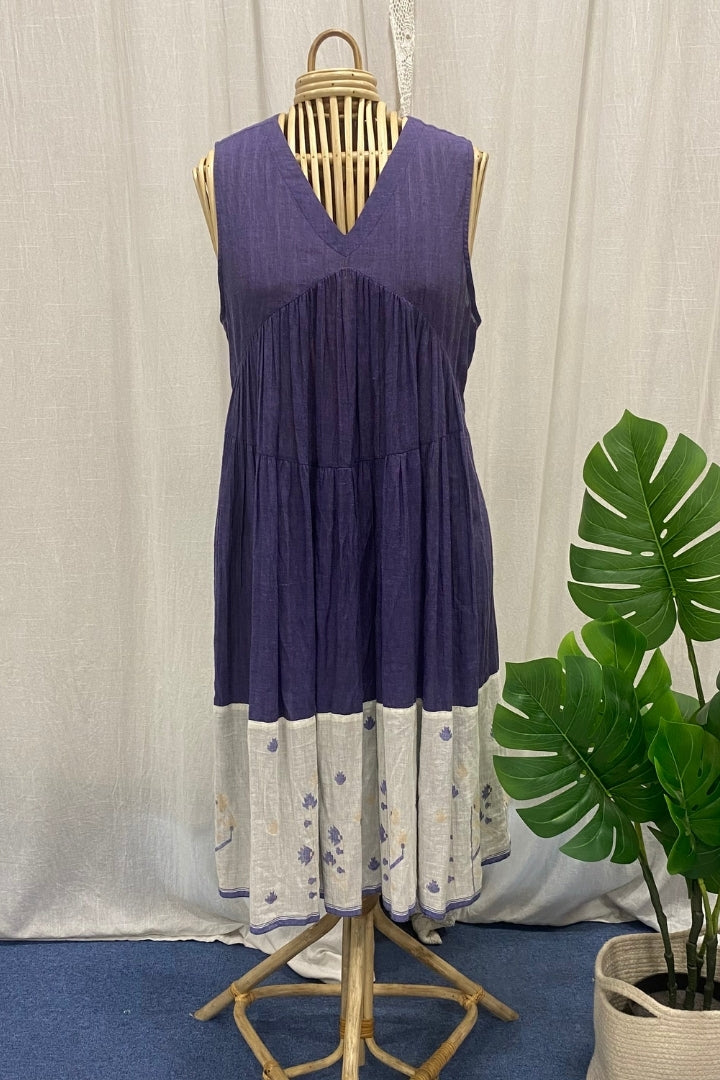 Deep Violet Handwoven Muslin Dress with Jamdani Patch Border
