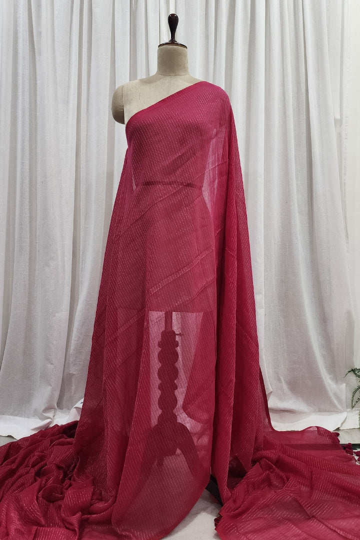 Fuchsia Muslin Saree with Golden Stripes
