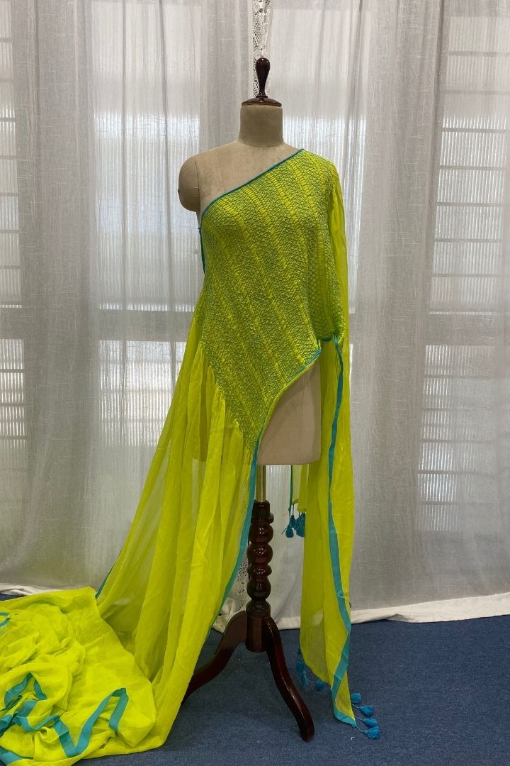 Bright Yellow Smocking Muslin Saree with Blue Border