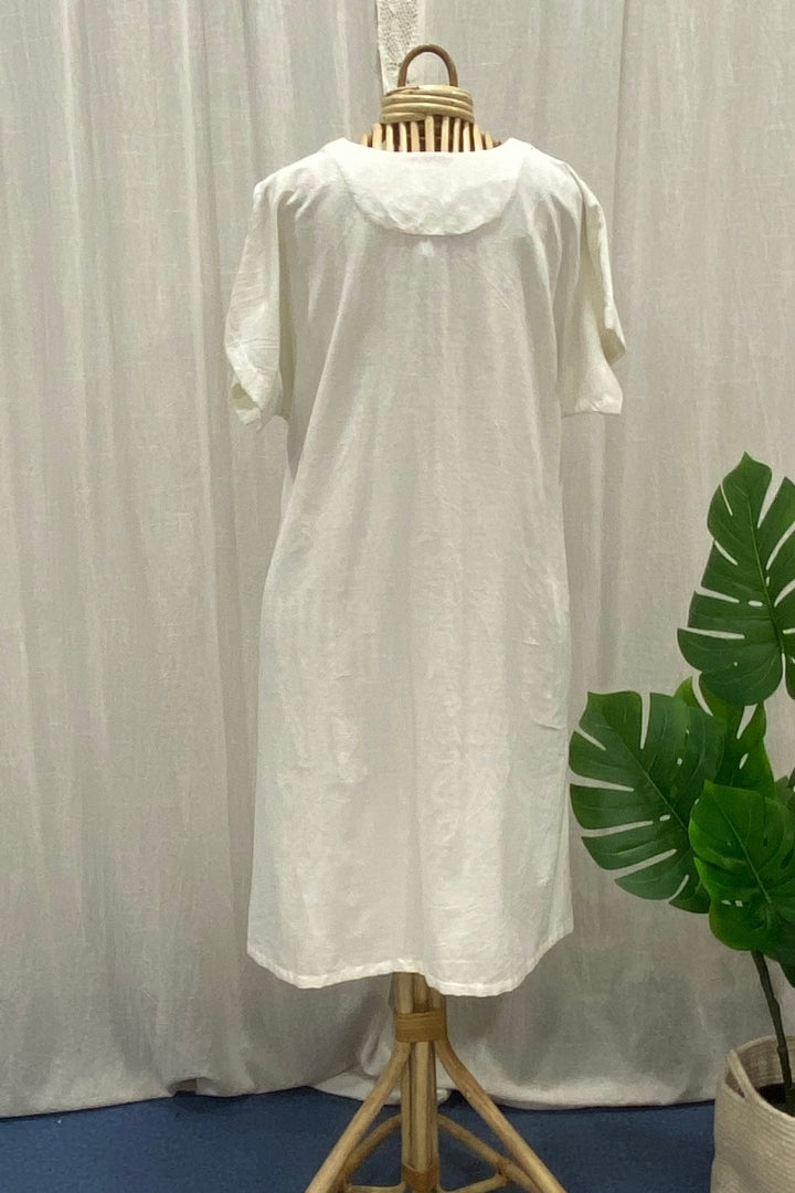 White Handspun Khadi Dress with Contrast Blue Jamdani Pocket Detail