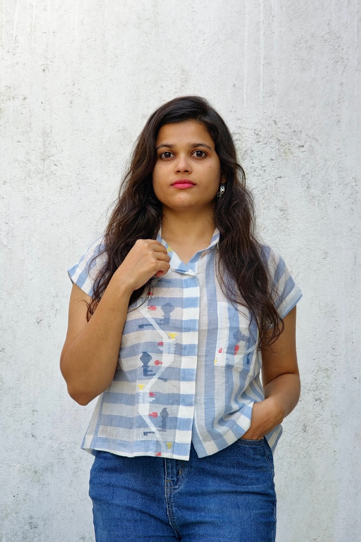 Blue and White Striped Muslin Jamdani Shirt with Pocket Detailing