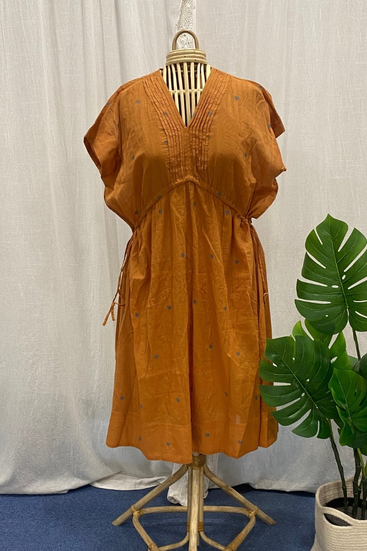 Terracotta Muslin Jamdani Dress with Pin-Tuck Detailing and Adjustable Side Ties