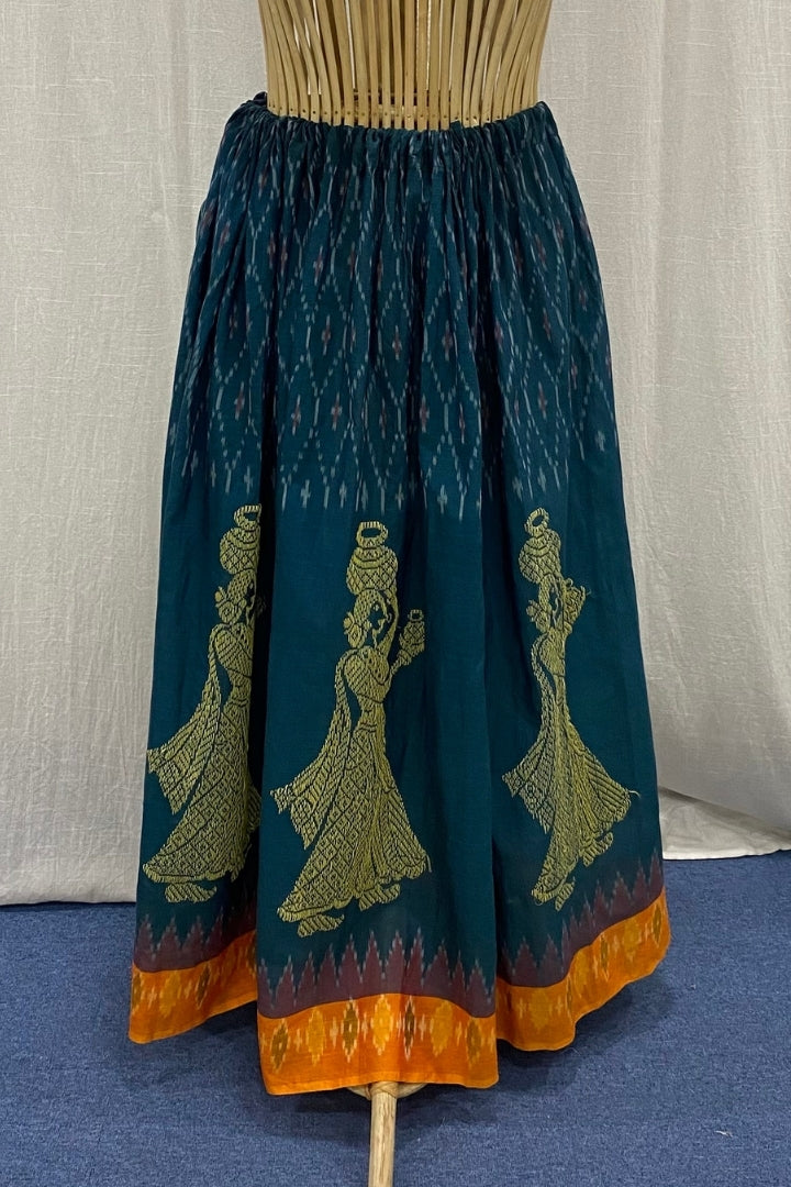 Teal Pochampally Ikat Skirt with Gollabhama