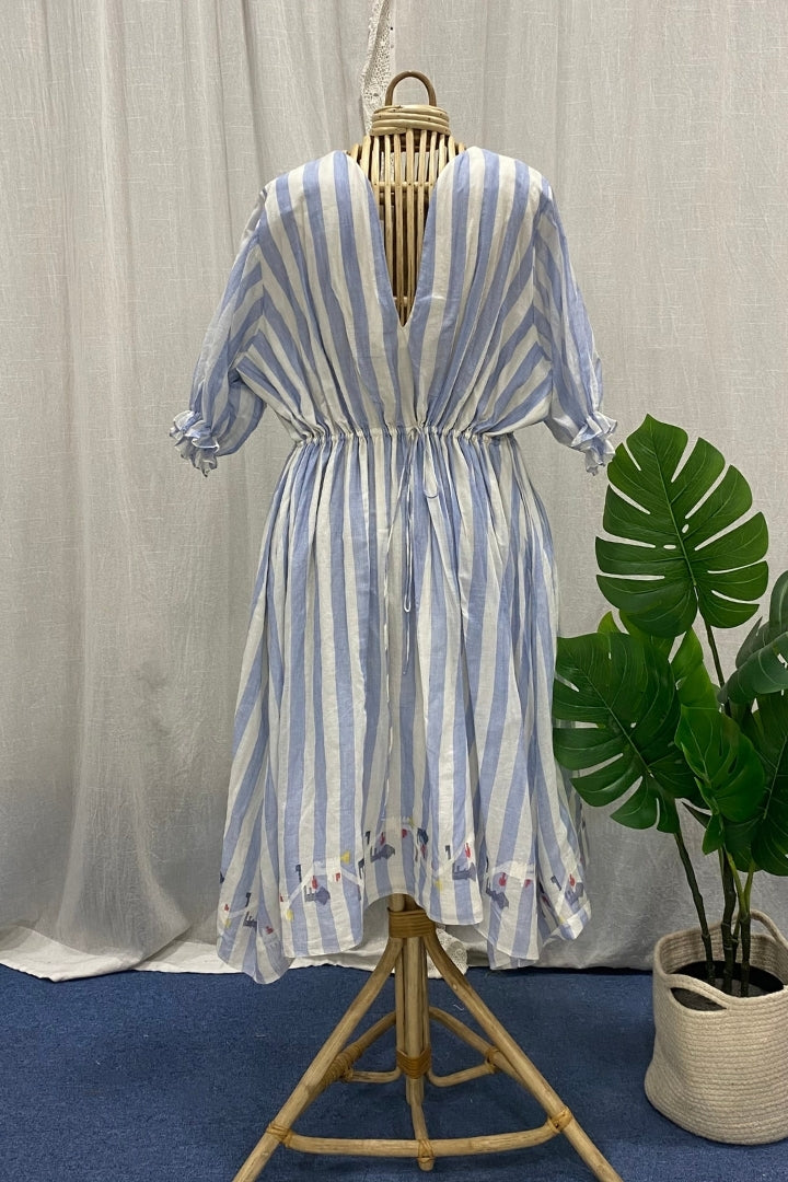Blue & White Striped Muslin Jamdani Dress with Gathered Waist and Back Tie