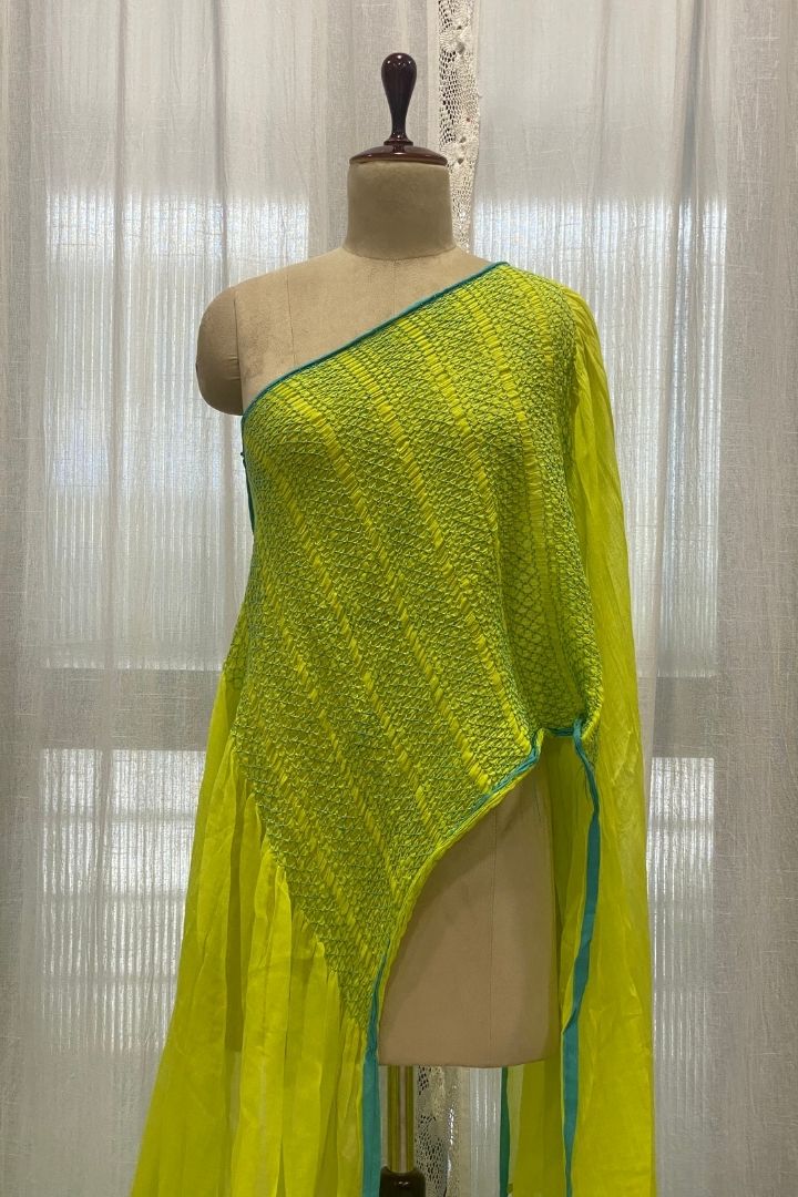 Bright Yellow Smocking Muslin Saree with Blue Border