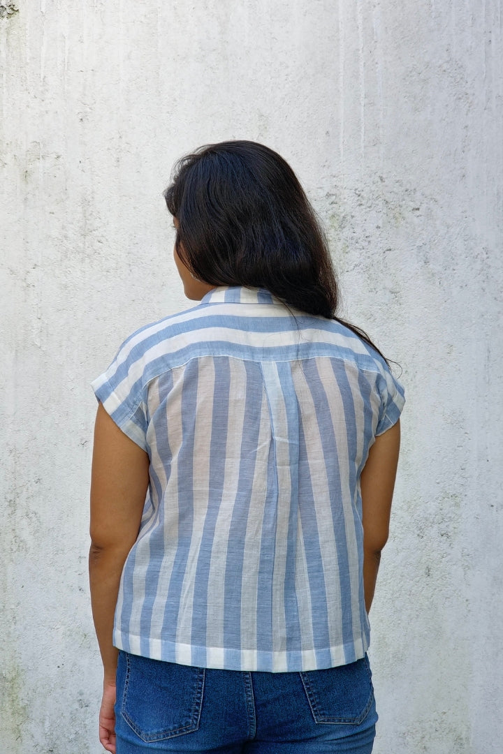 Blue and White Striped Muslin Jamdani Shirt with Pocket Detailing