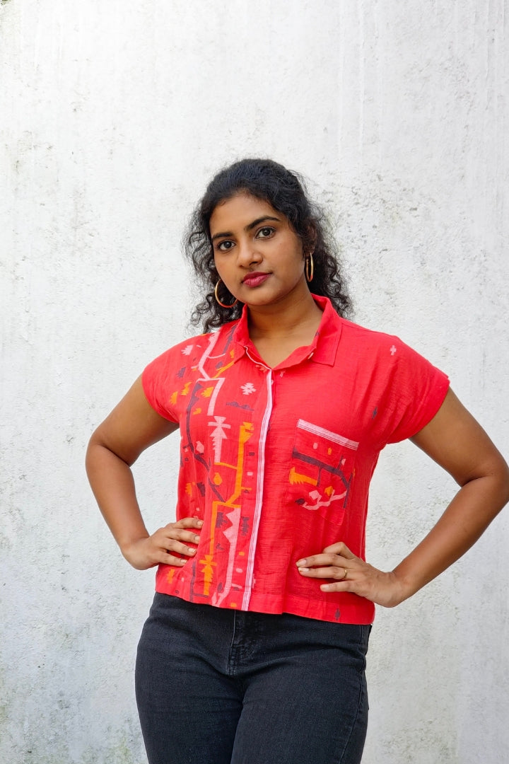 Red Muslin Jamdani Shirt with Pocket Detailing