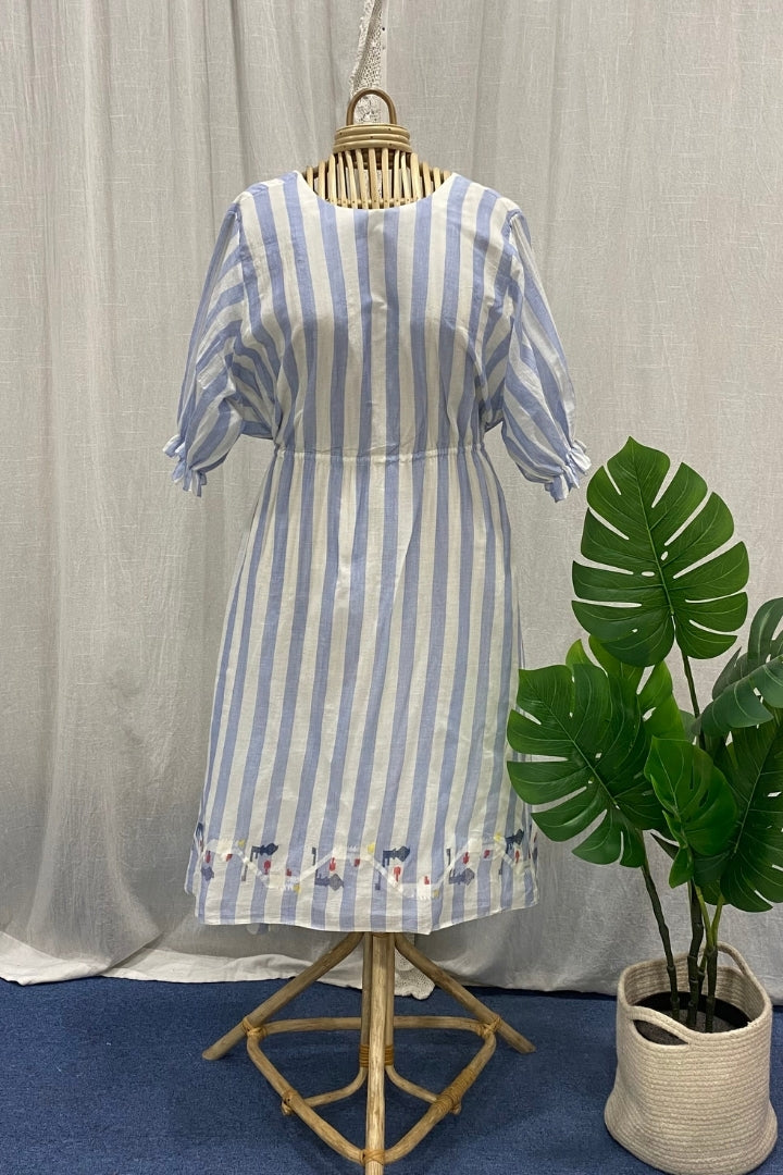 Blue & White Striped Muslin Jamdani Dress with Gathered Waist and Back Tie
