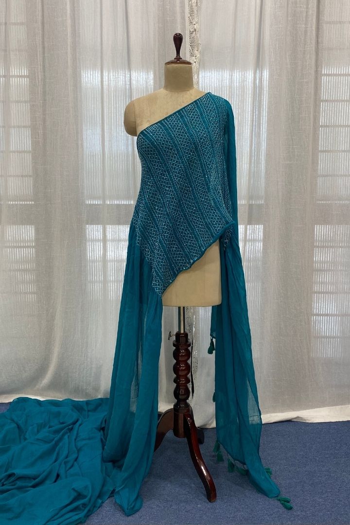 Turquoise Green Smocking Muslin Saree with Self Border