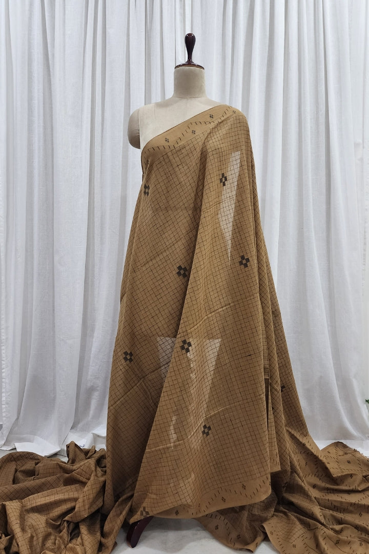 Brown Jamdani Saree with Black checks