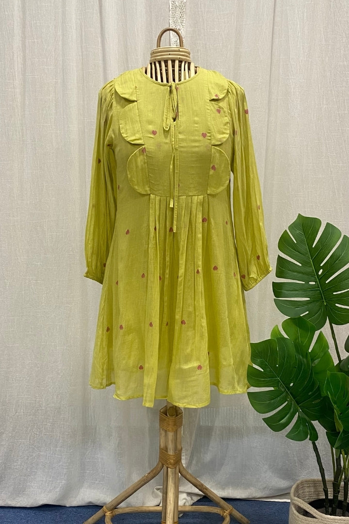 Lime Green Muslin Jamdani Scallop Dress