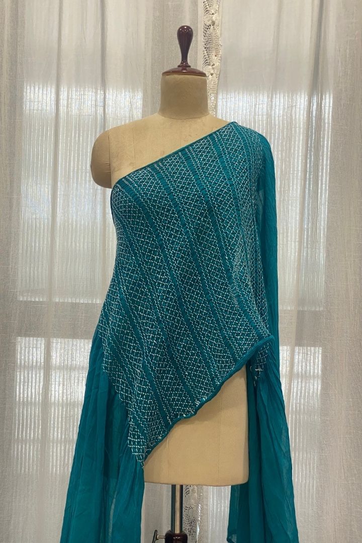 Turquoise Green Smocking Muslin Saree with Self Border