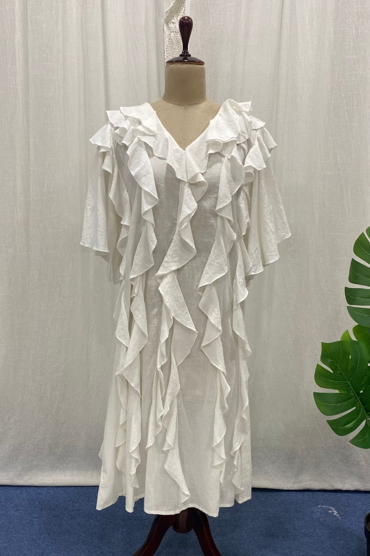 White Handwoven Muslin Ruffle Dress