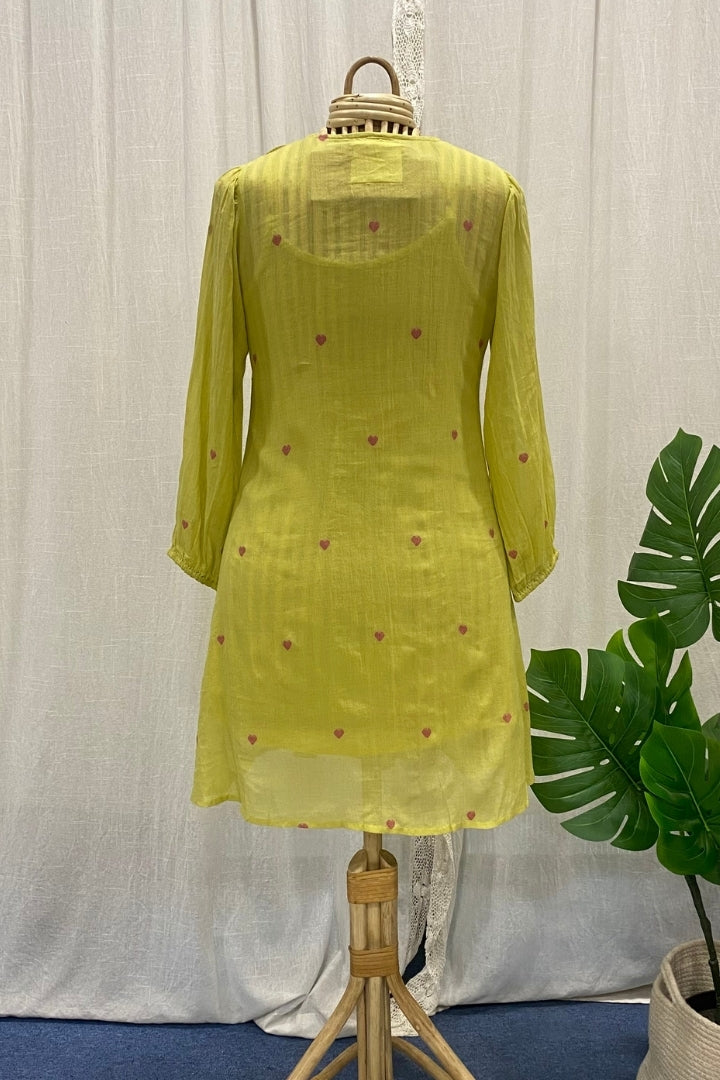 Lime Green Muslin Jamdani Scallop Dress