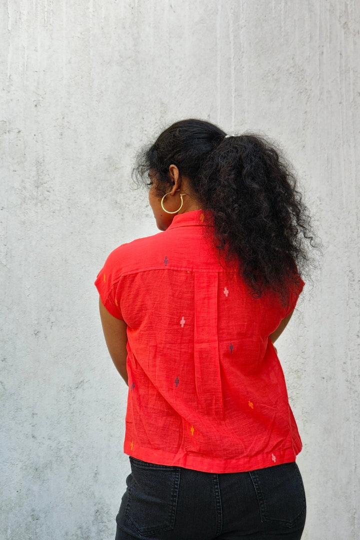 Red Muslin Jamdani Shirt with Pocket Detailing