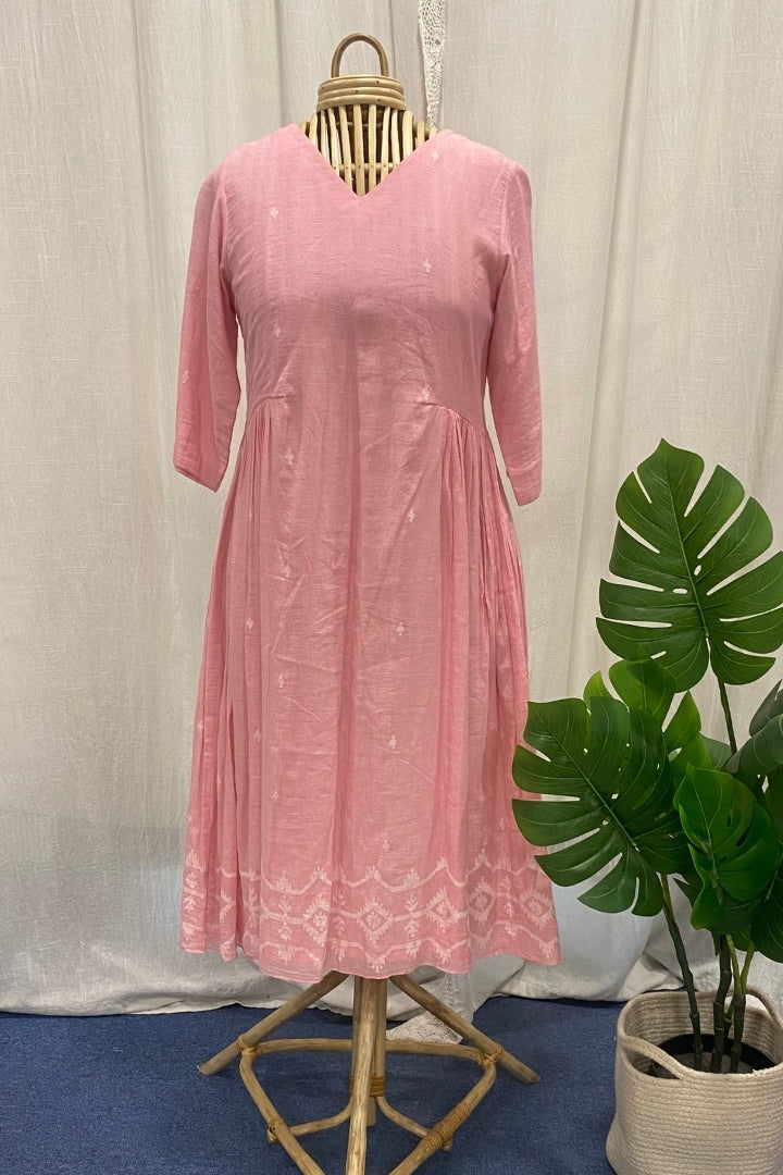 Baby Pink Handwoven Muslin Jamdani Dress with Gathered Side Frills