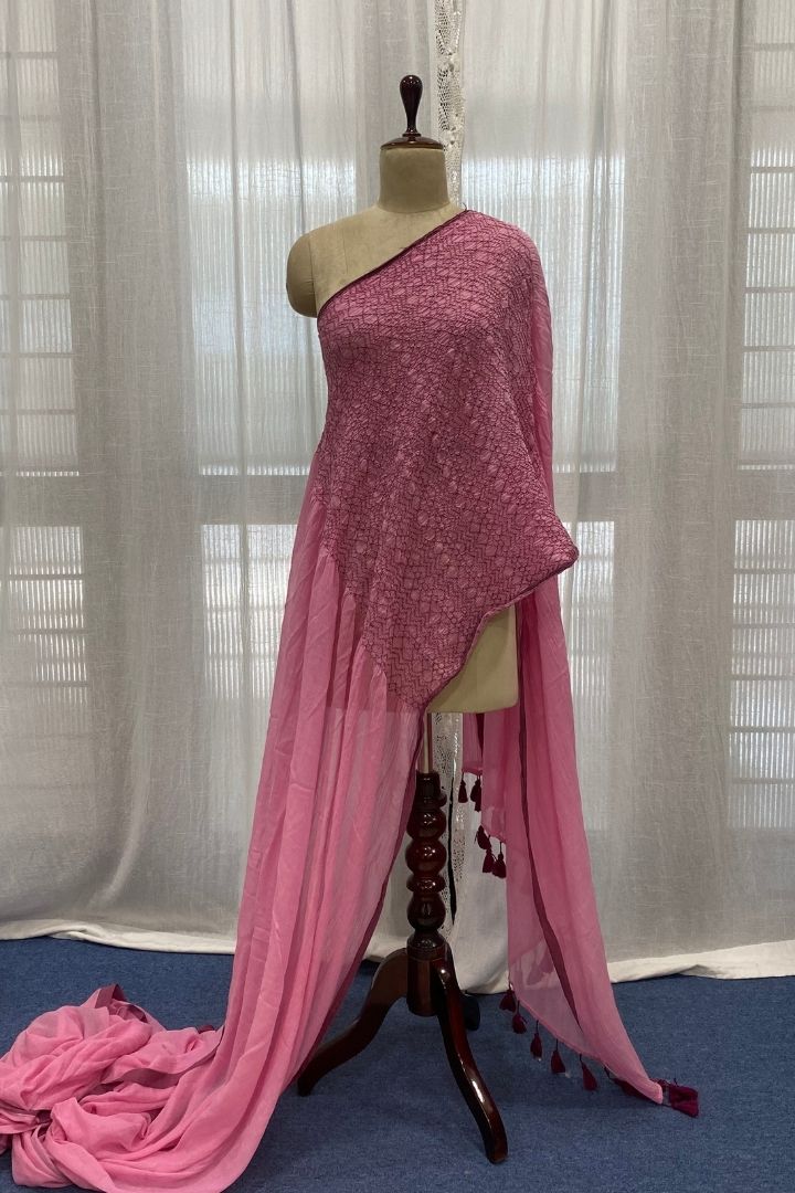Baby Pink Smocking Muslin Saree with Pink Border