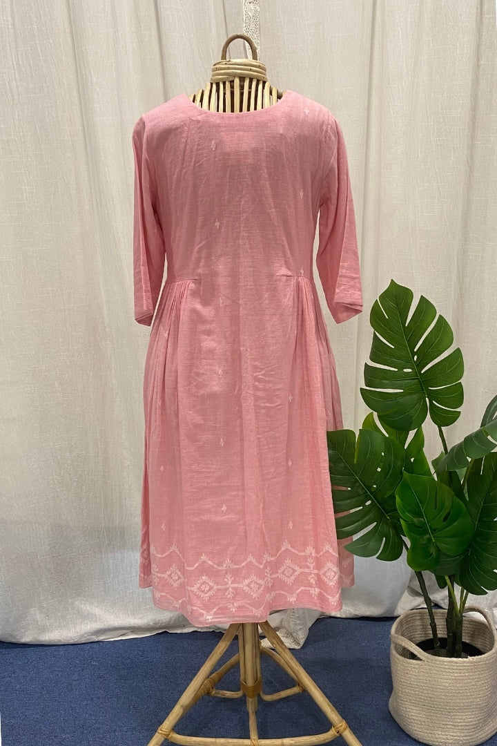 Baby Pink Handwoven Muslin Jamdani Dress with Gathered Side Frills