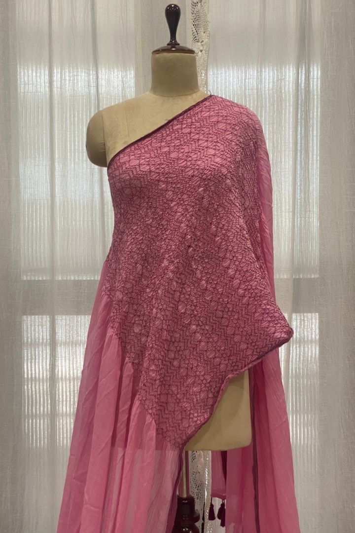 Baby Pink Smocking Muslin Saree with Pink Border