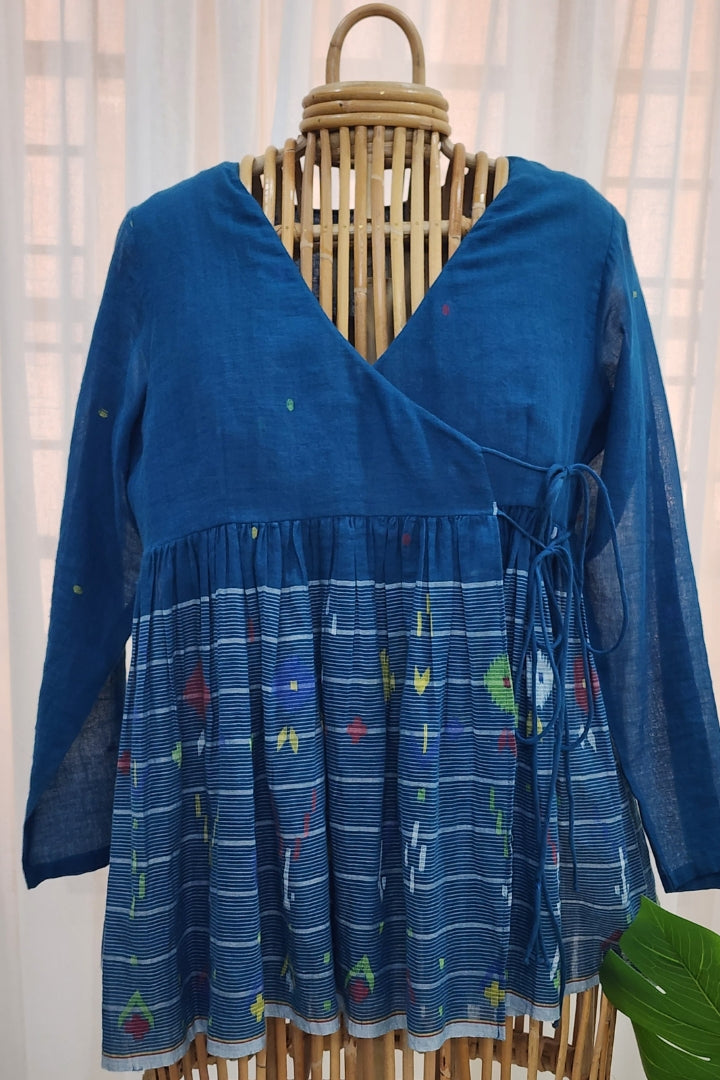 Ink blue angrakha styled jamdani top