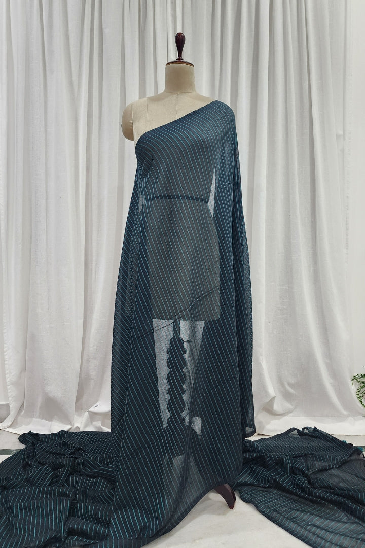 Teal and Black Stripes Muslin Saree