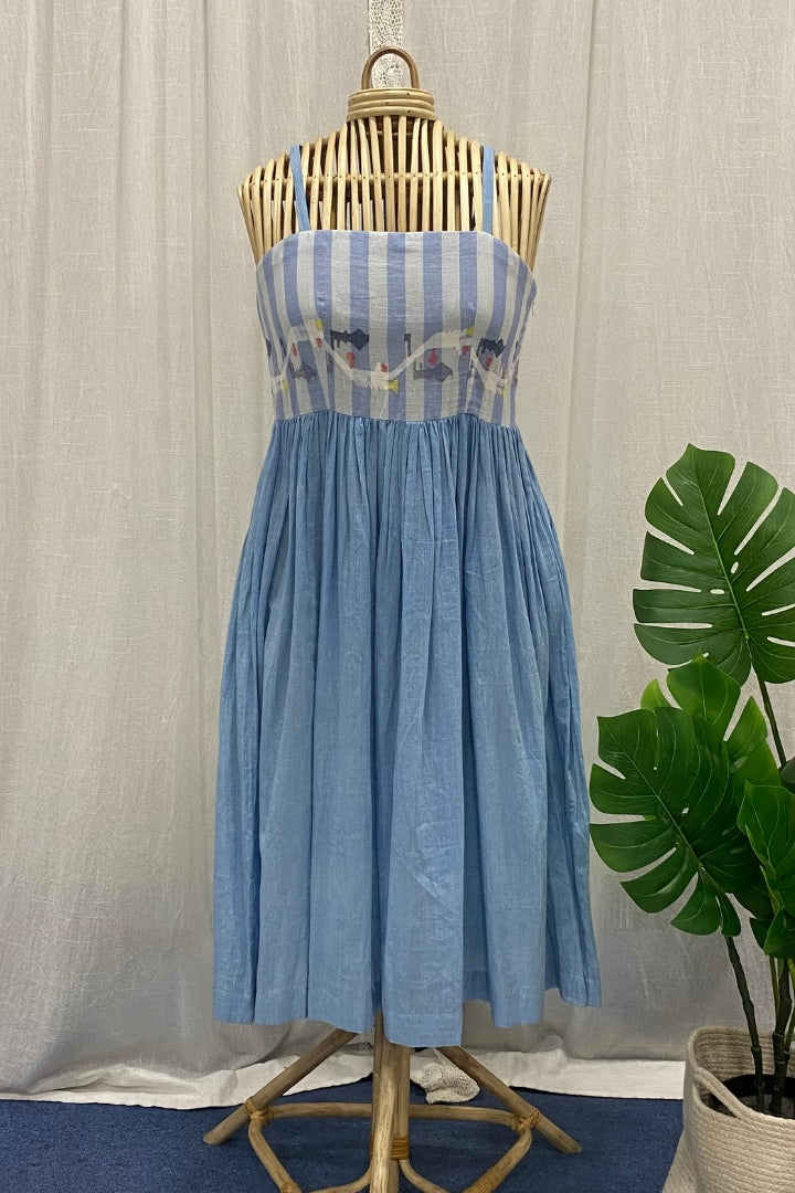 White and Blue Handwoven Muslin Jamdani Empire Dress