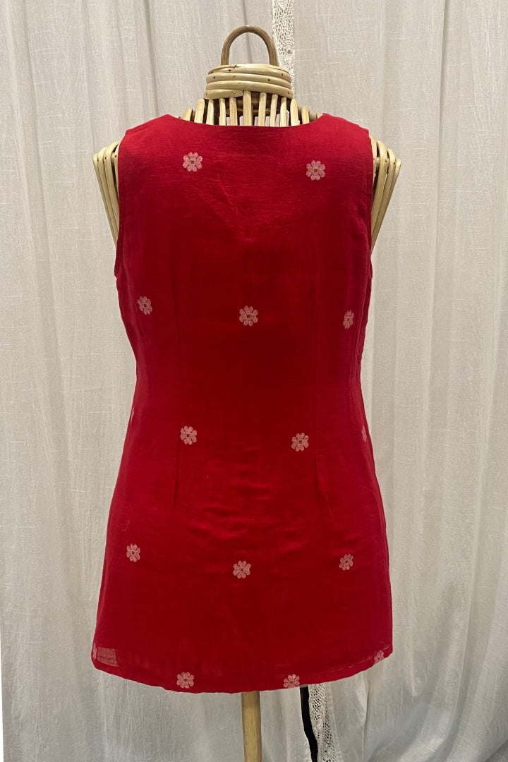 Ruby Red Handwoven Muslin Jamdani Kurta with Flower Buttis