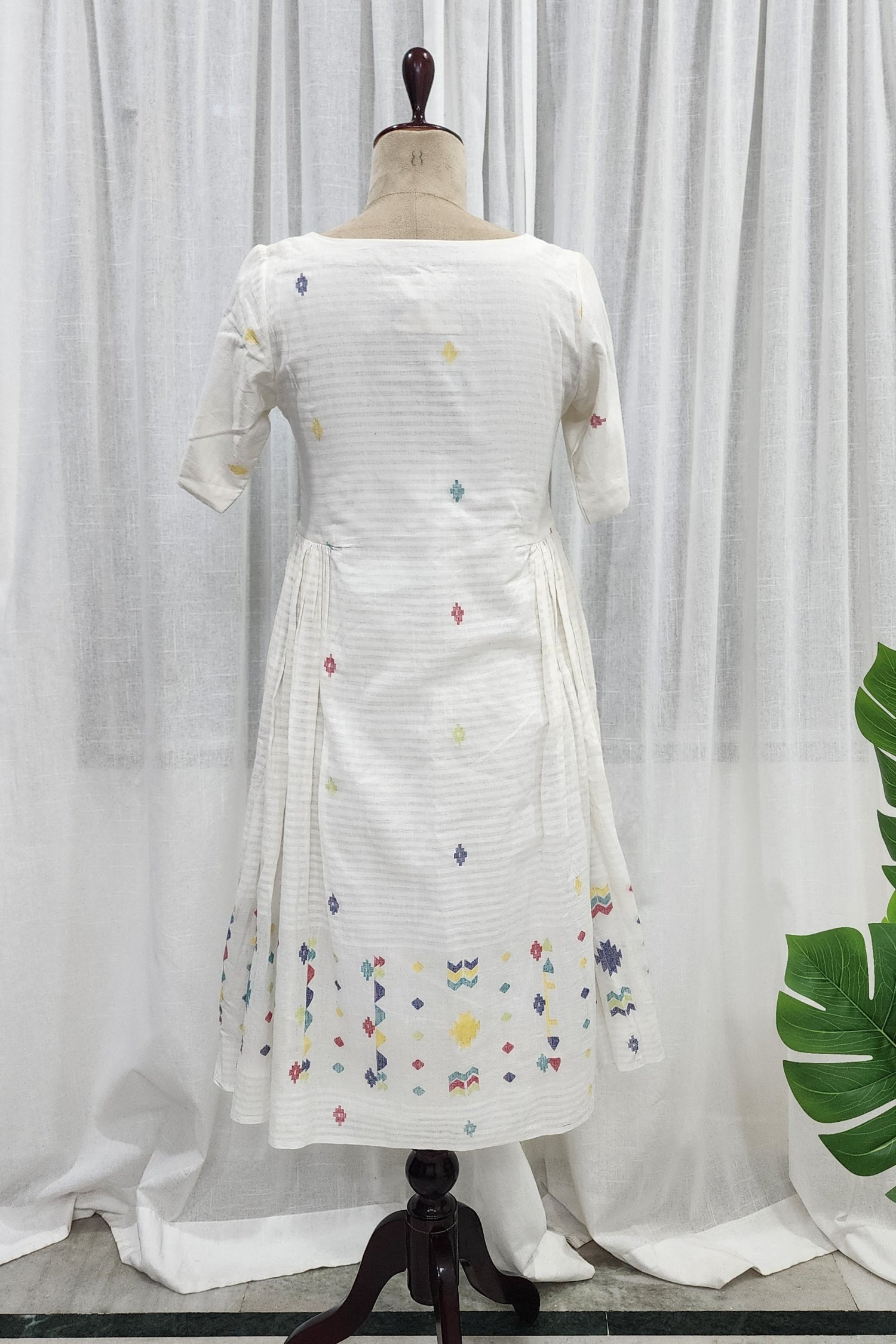 White jamdani dress with side frills