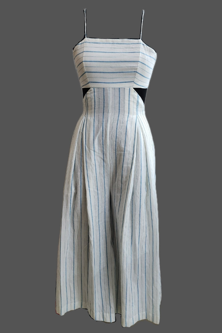 Back open white and blue stripes jumpsuit