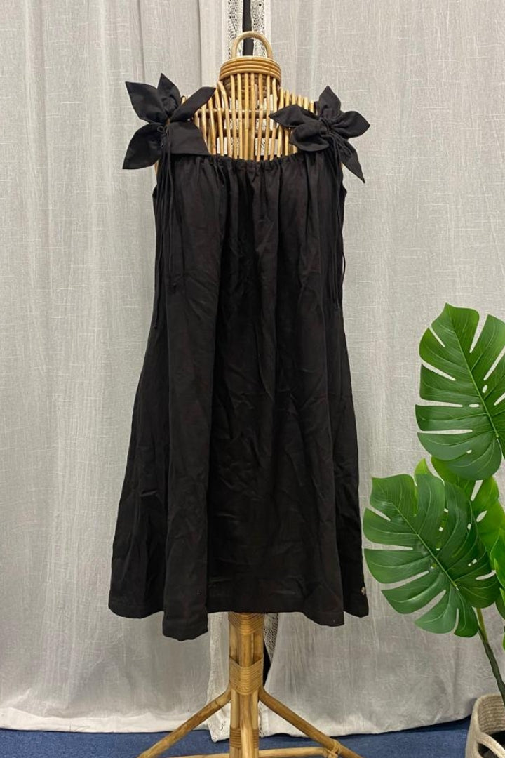 Black Handspun Khadi Dress with Shoulder Flower Tie Details