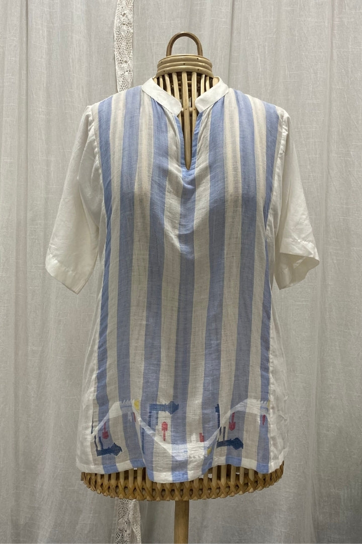 White and Blue Muslin Jamdani Top