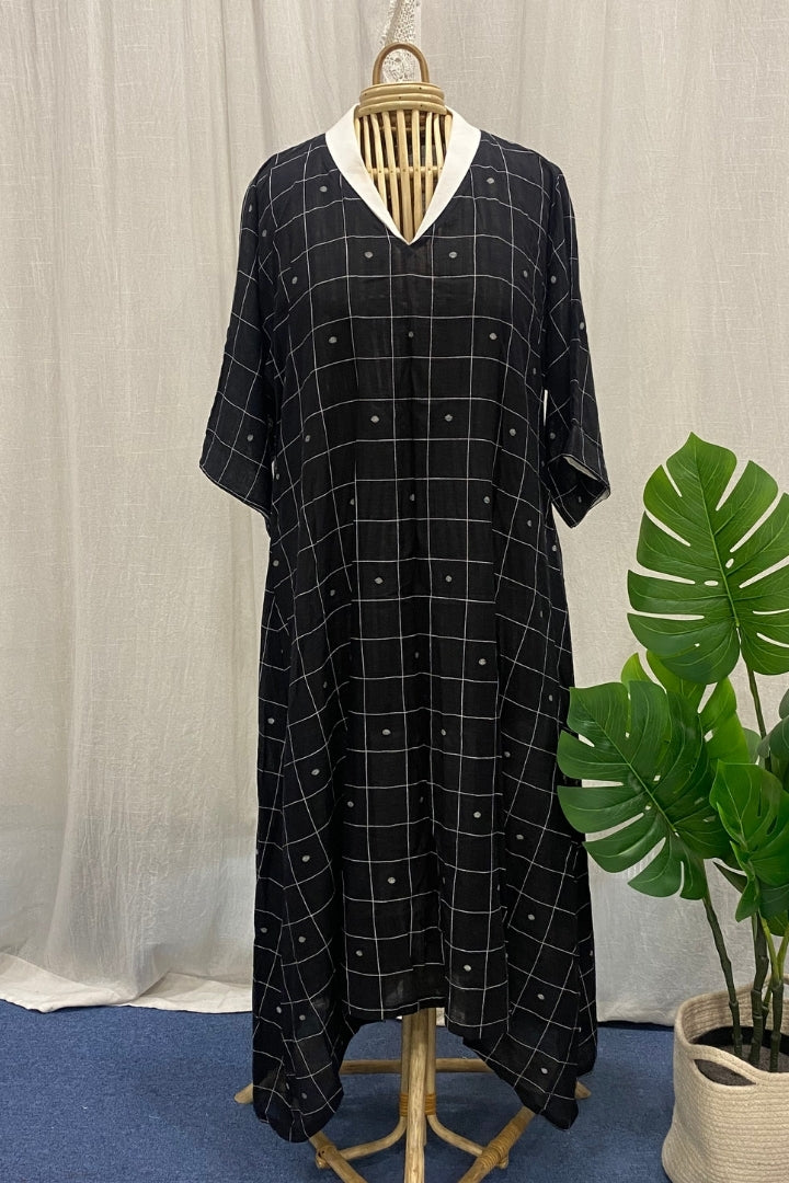 Black Handwoven Jamdani Assymetrical Dress with White Grid Checks